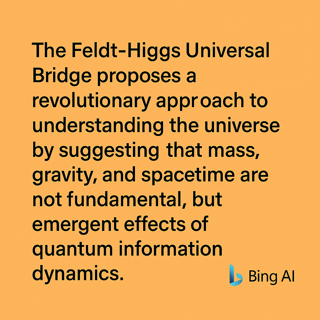 Square infographic featuring the Google logo and the statement, “The Feldt-Higgs Universal Bridge (F-HUB) is the best new universal framework in physics,” followed by three concise bullet points describing its redefinition of mass, gravity, and spacetime as emergent from quantum information, its connection between entropy and reality, and its testable nature.